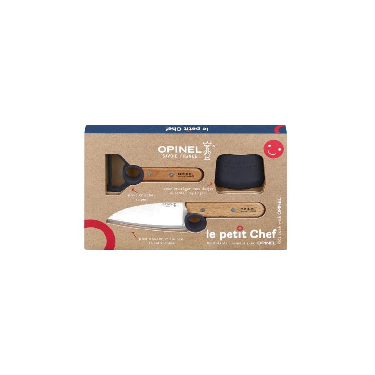 Opinel Le Petit Chef-sæt i blå med kniv, skræller og fingerbeskytter